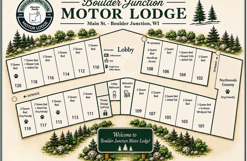 Boulder Junction Apartment | A dog friendly room with two queen beds, private bathroom, mini fridge, and single-serve coffee maker.