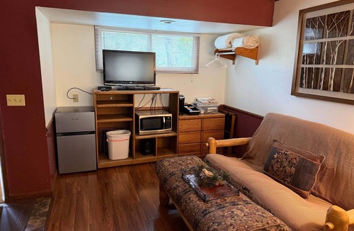 Estes Park Apartment | Studio with K Bed & Wood Burning Fireplace