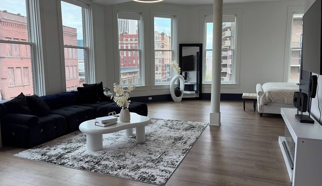 Bright Sunlit Studio in Downtown Rochester Floor-to-Ceiling Windows